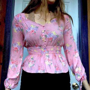 💐 Floral Shirred Waist Babydoll Blouse. Adorable poet sleeves